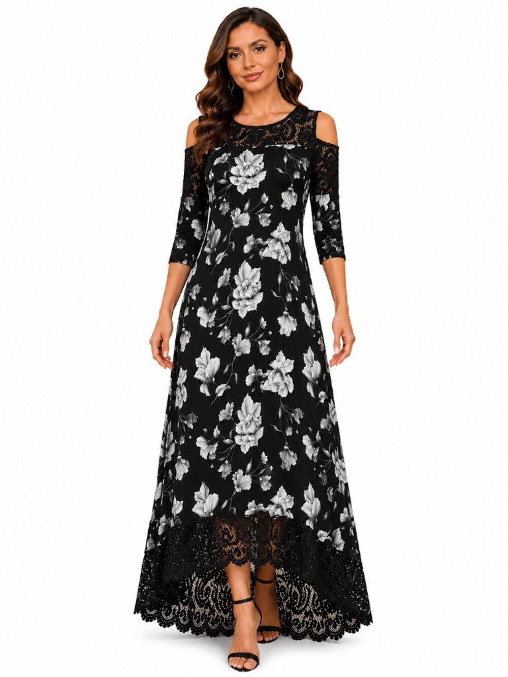 Greige Floral Cold-Shoulder Lace High-Low Dress